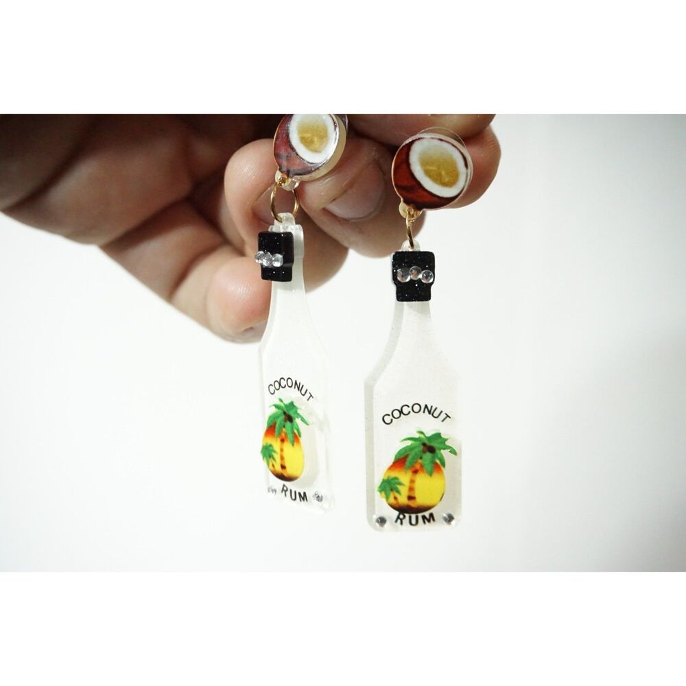 Coconut Rum Bottle Earrings: Rhinestone Embellished Tropical Jewelry